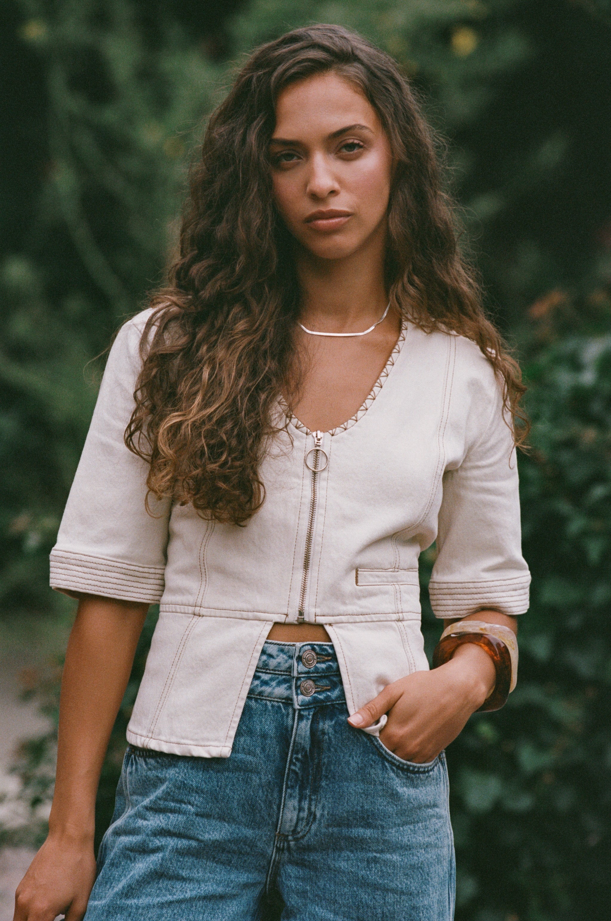 Lea Denim Top in Ecru