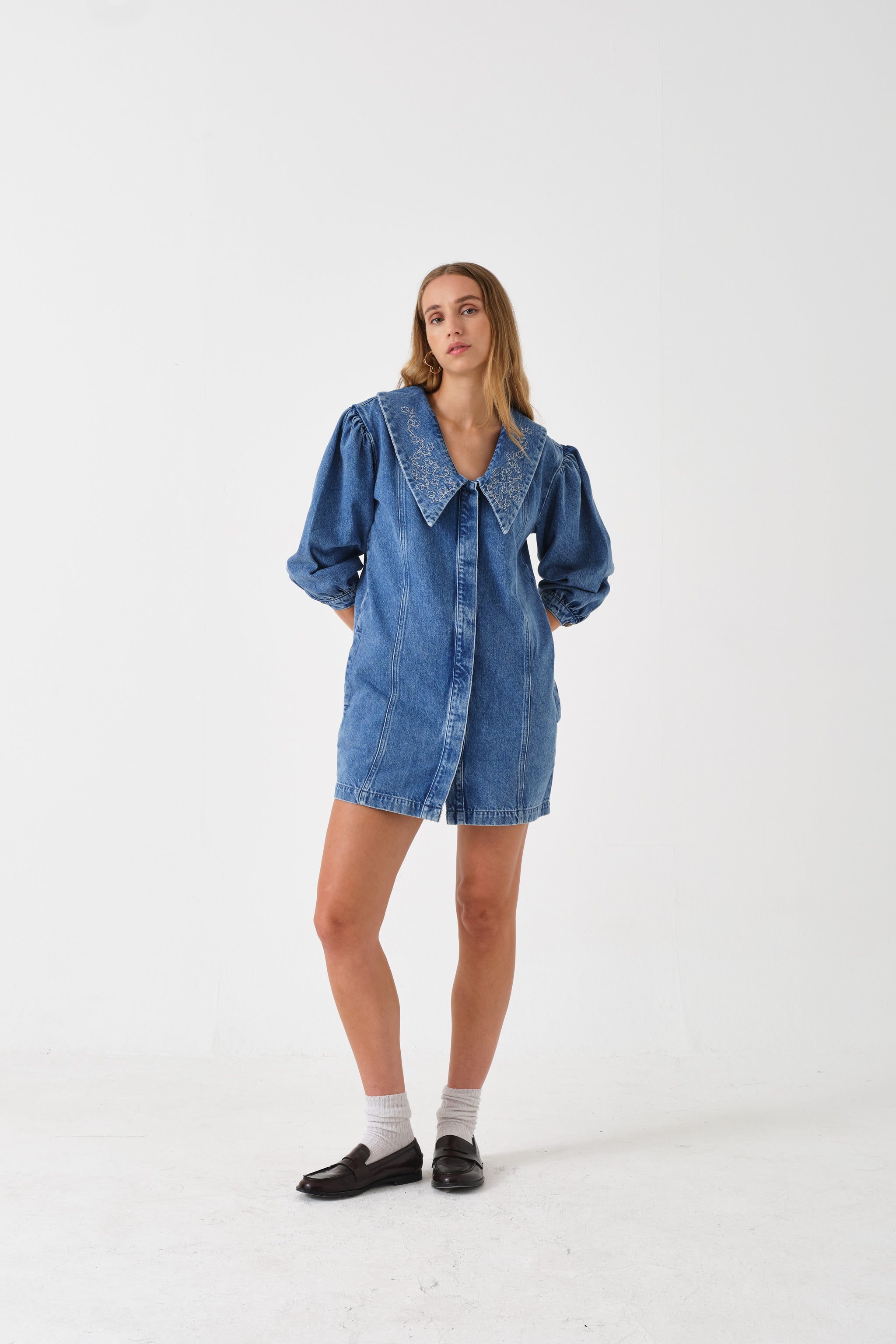 Tilly Flower-Embroidered Denim Mini Dress in Malibu