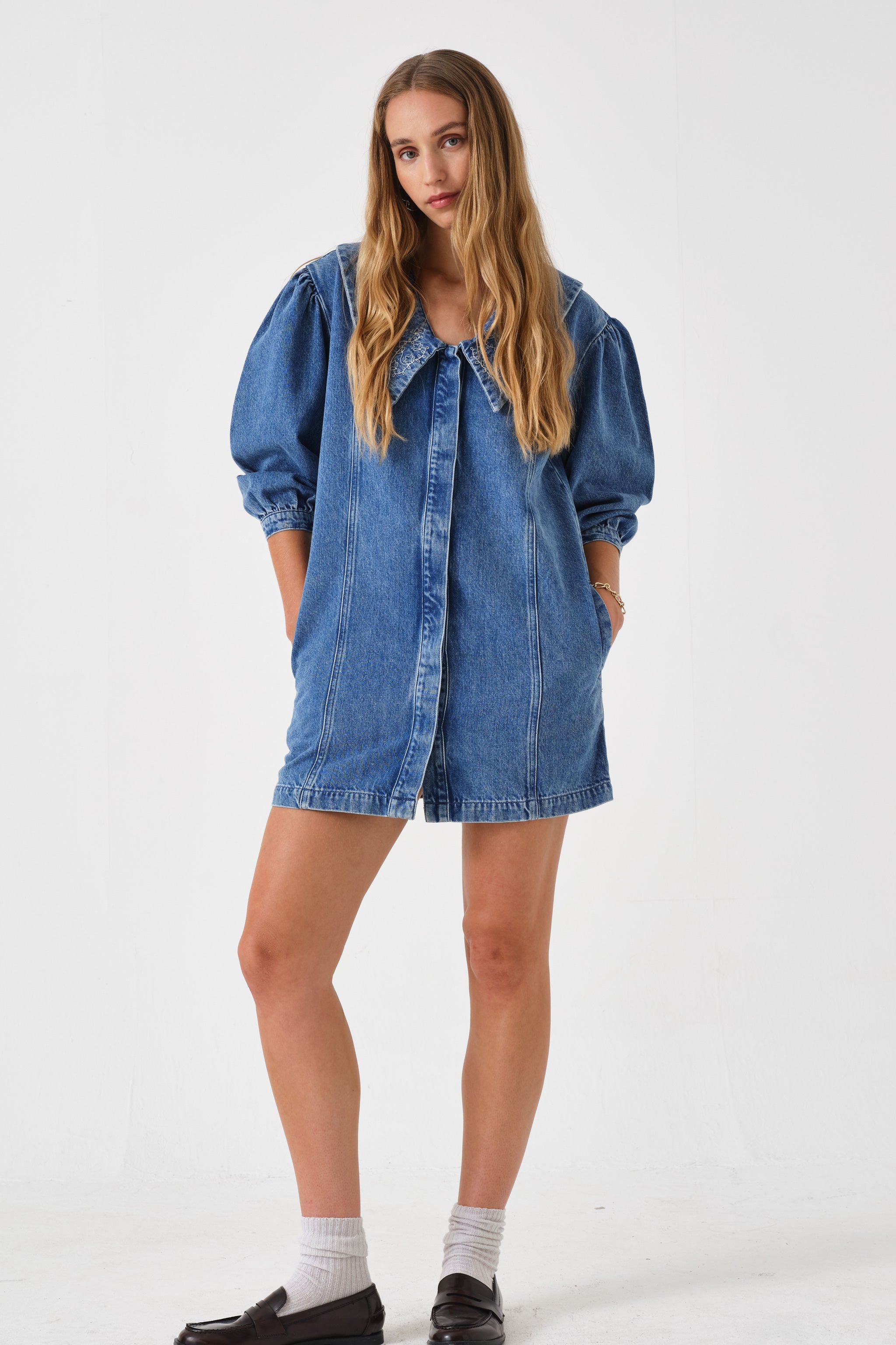 Tilly Flower-Embroidered Denim Mini Dress in Malibu