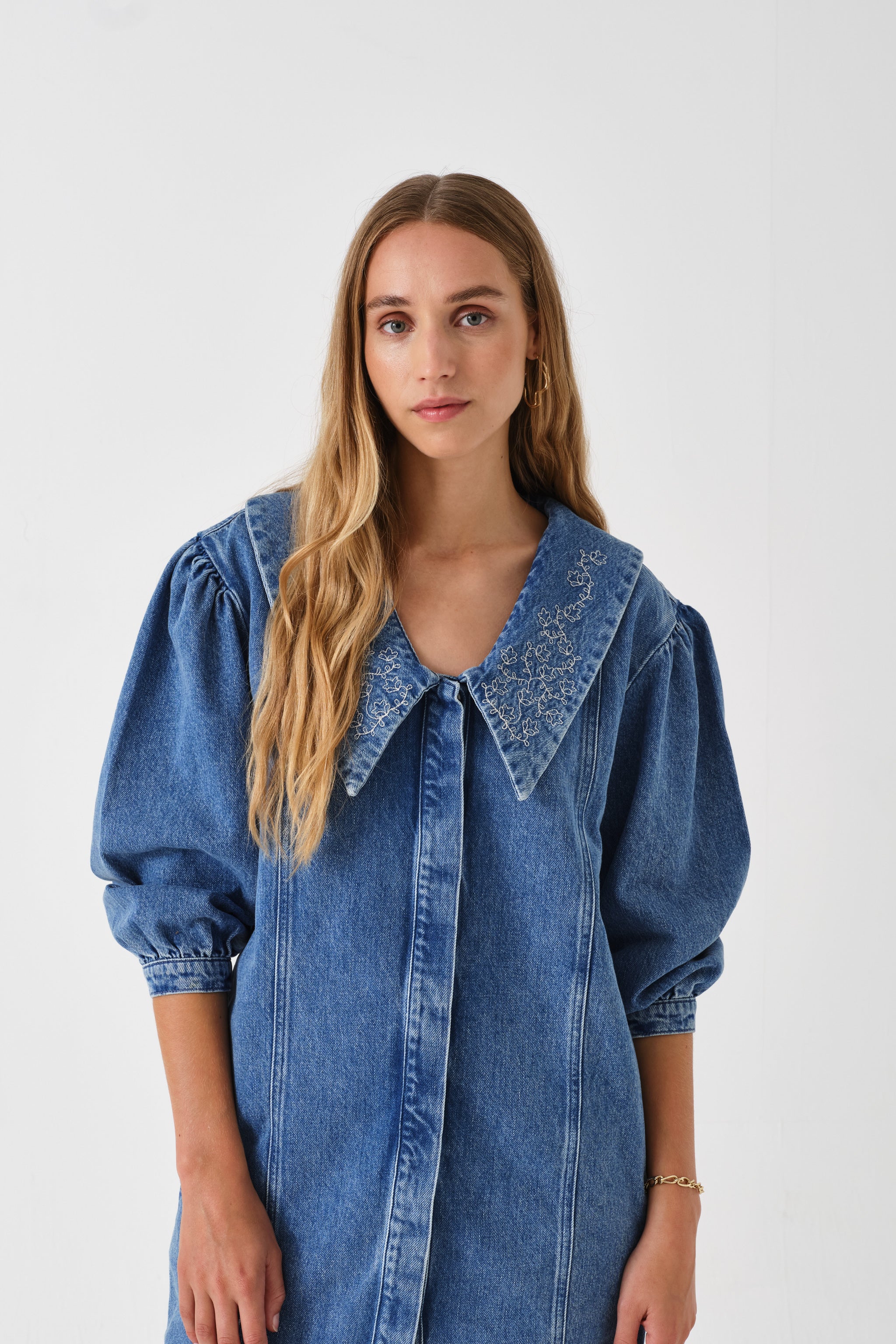 Tilly Flower-Embroidered Denim Mini Dress in Malibu