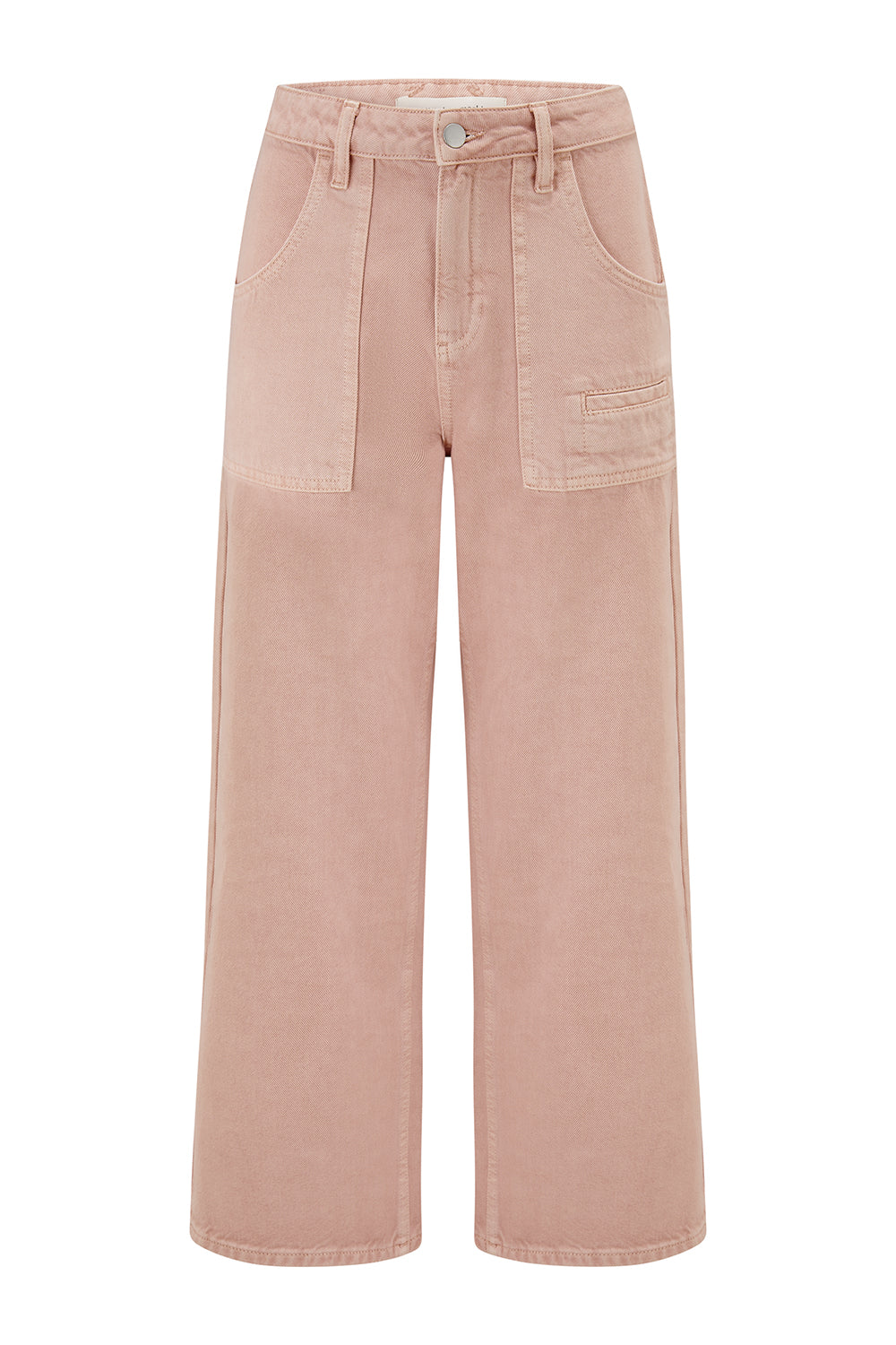 light pink high waisted, wide, cropped jeans with big pockets on a white background