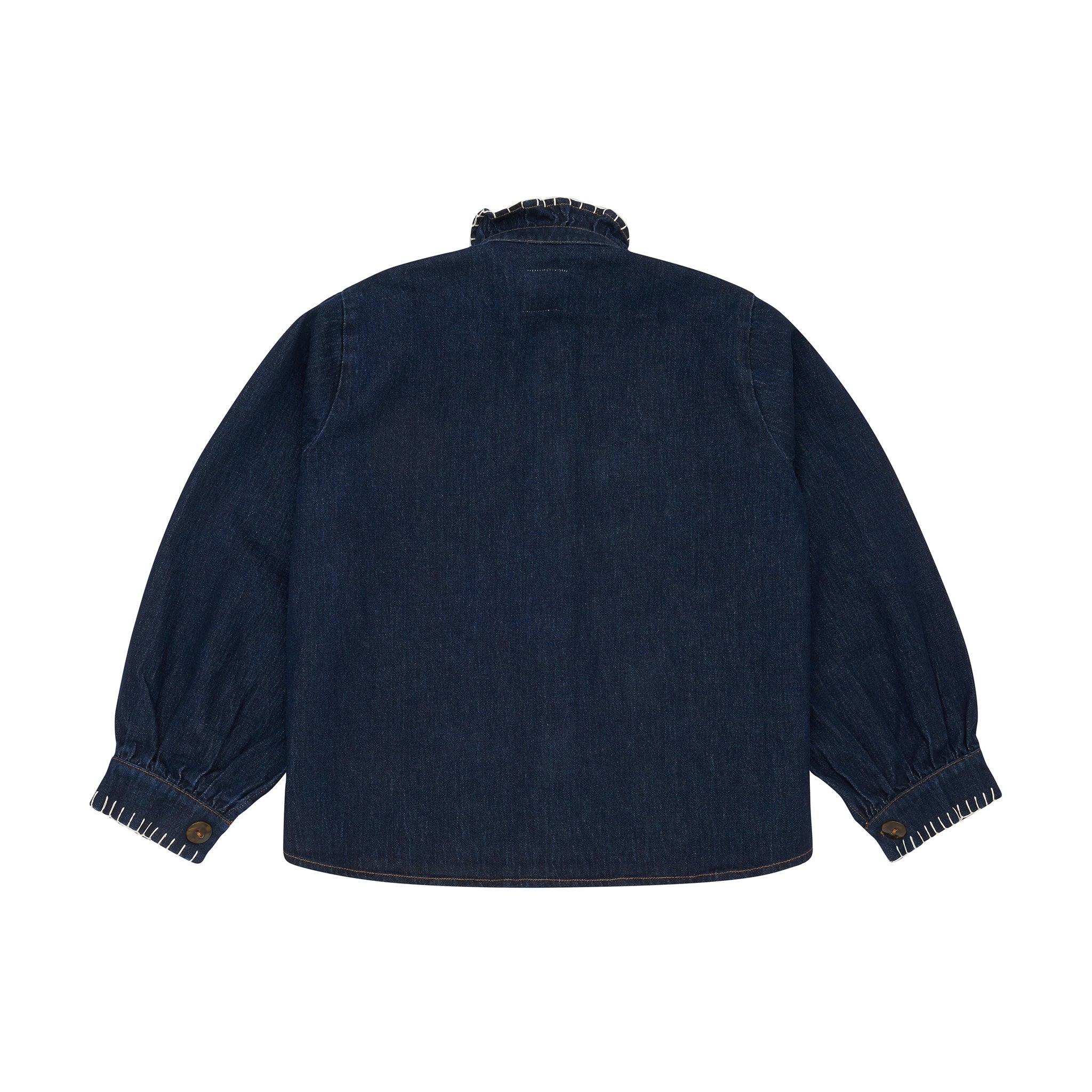 a dark blue vintage style jacket with a frill collar and our signature white blanket stitching on four large patch pockets against a white background