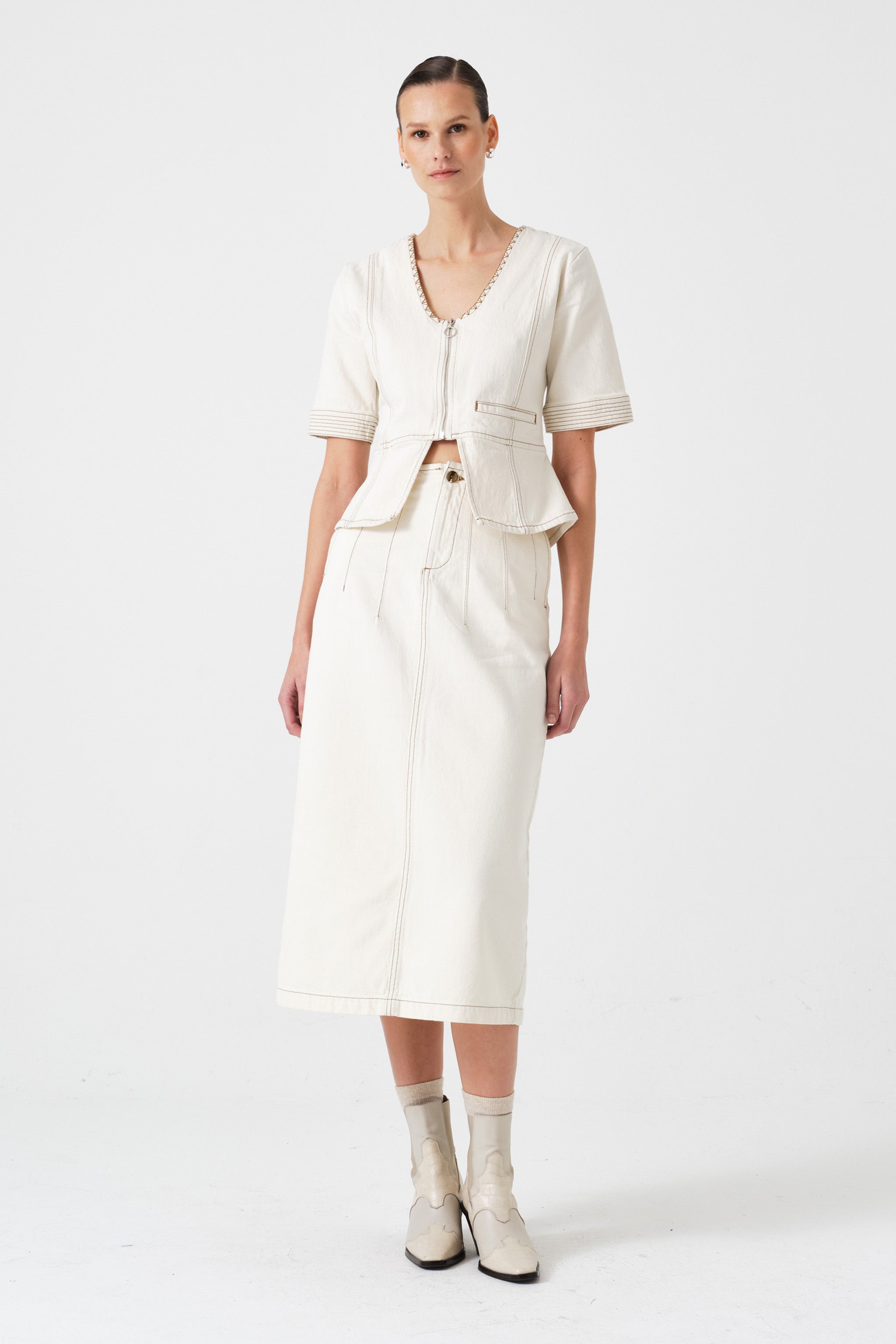 Noah Midi Denim Skirt in Ecru