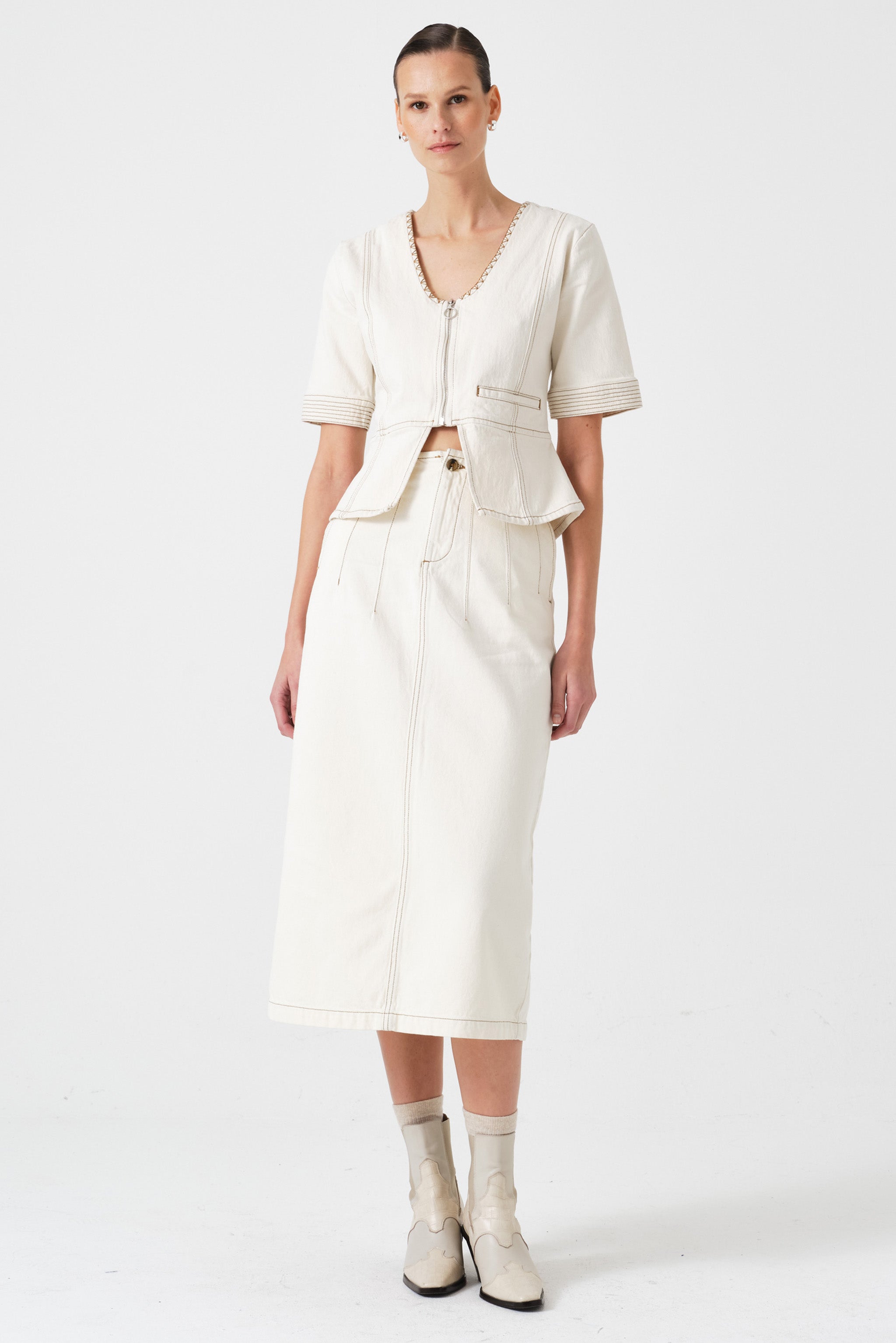 Lea Denim Top in Ecru