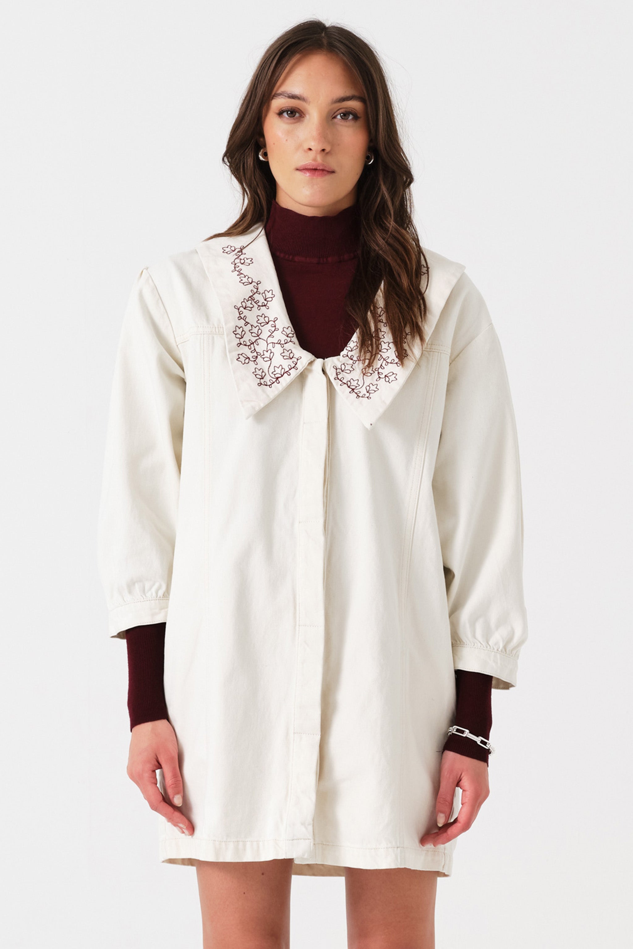 Tilly Flower-Embroidered Denim Mini Dress in Ecru