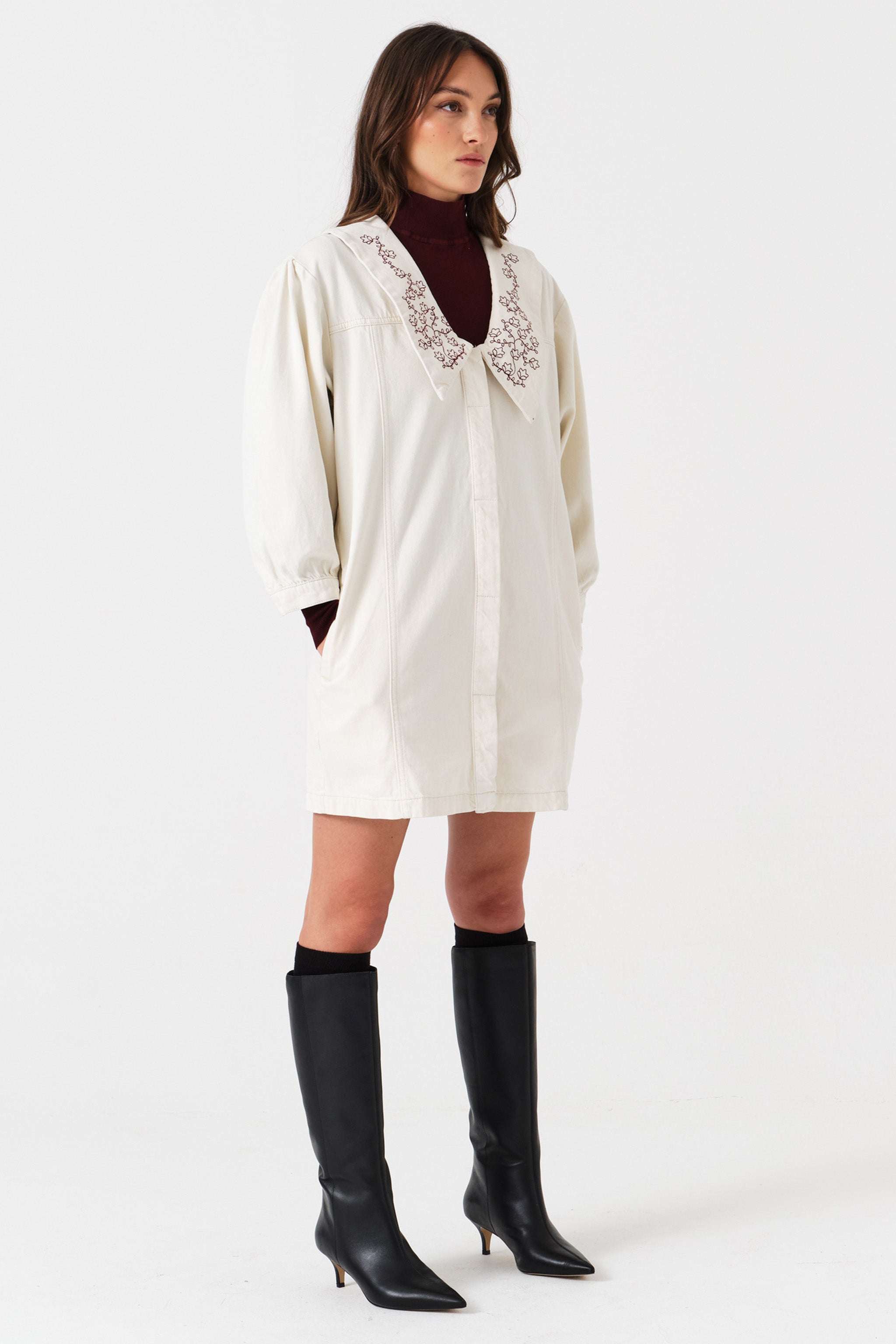 Tilly Flower-Embroidered Denim Mini Dress in Ecru