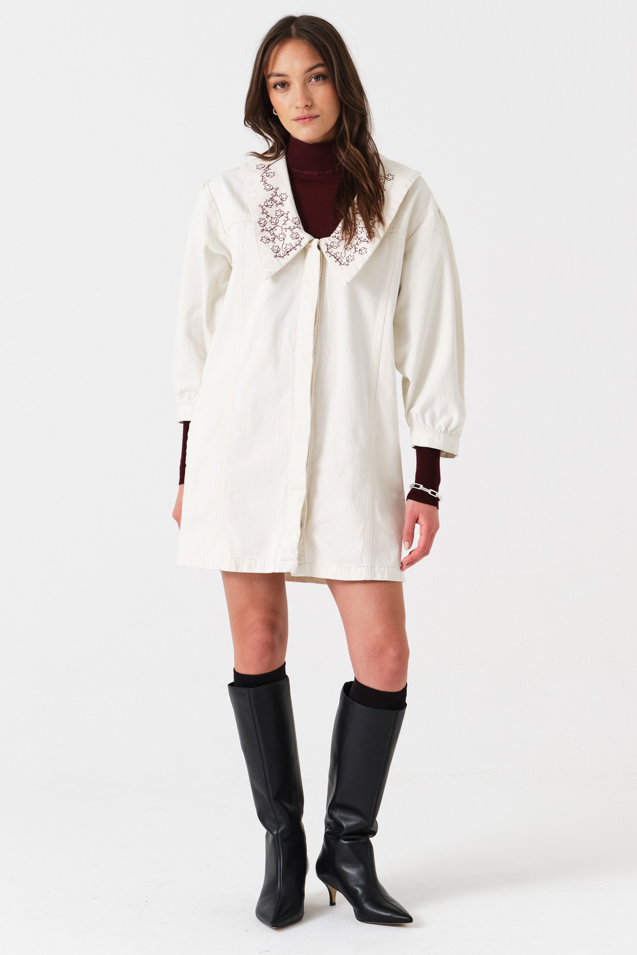 Tilly Flower-Embroidered Denim Mini Dress in Ecru