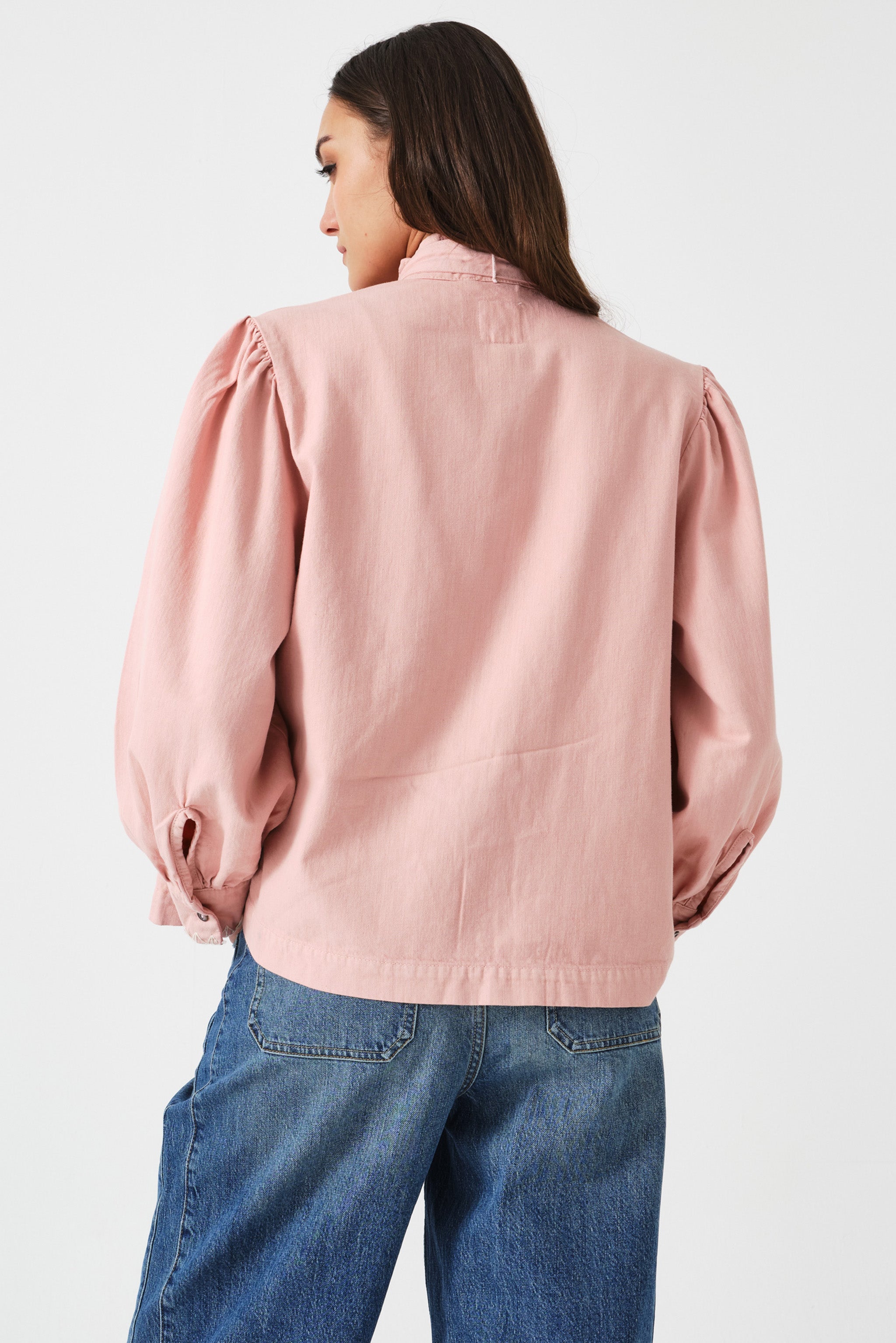 Poet Pussybow Denim Blouse in Peony Pink