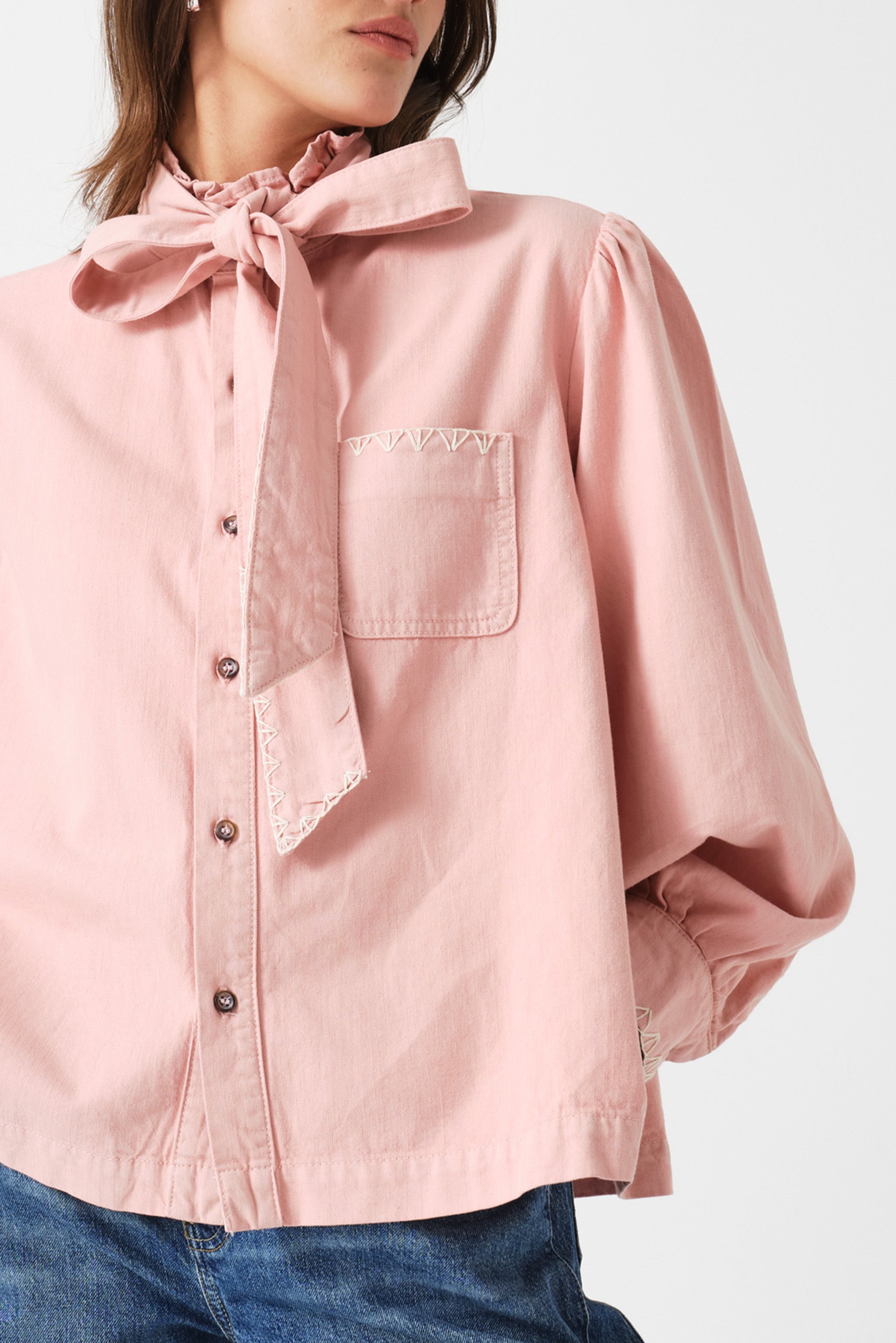 Poet Pussybow Denim Blouse in Peony Pink