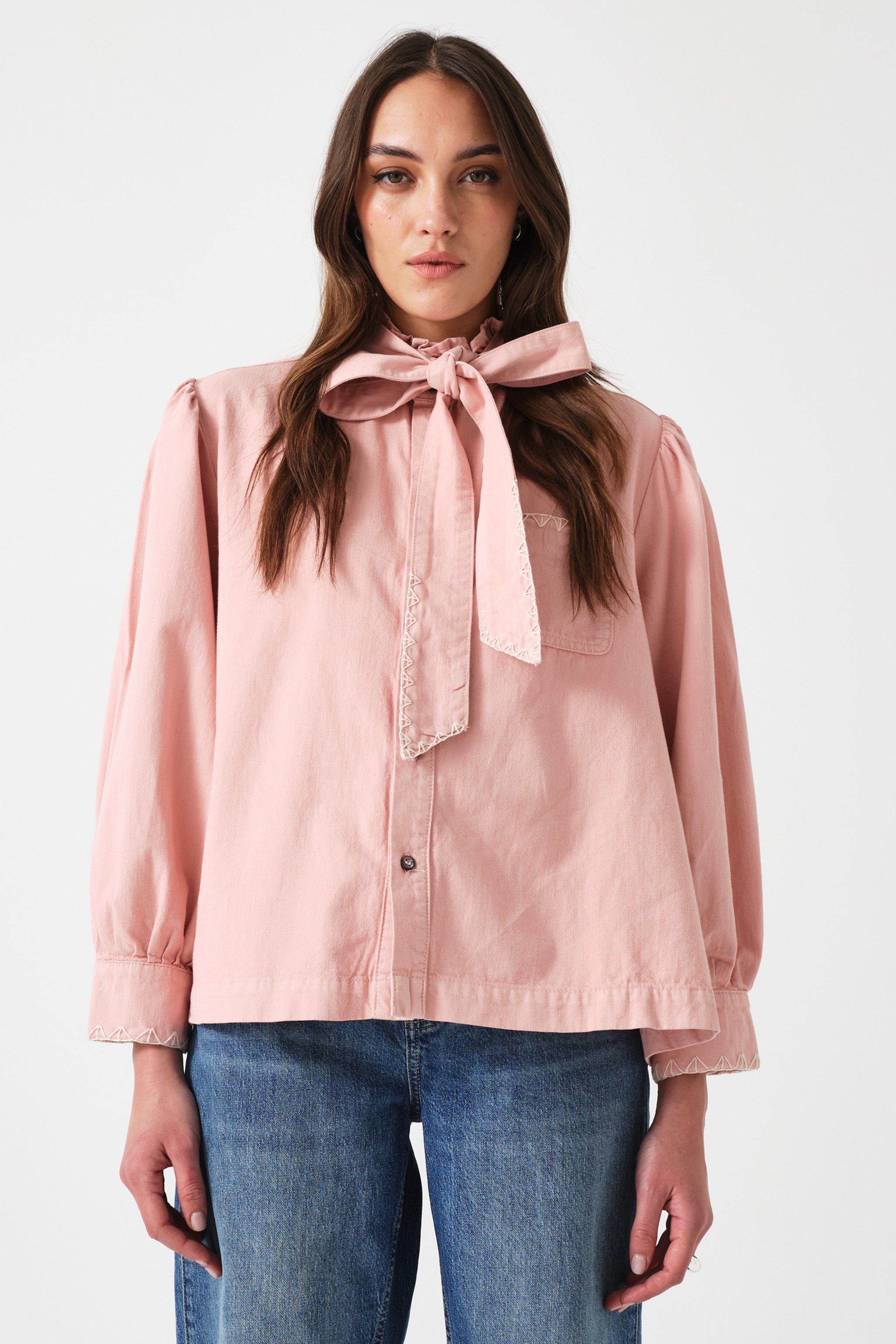 Poet Pussybow Denim Blouse in Peony Pink