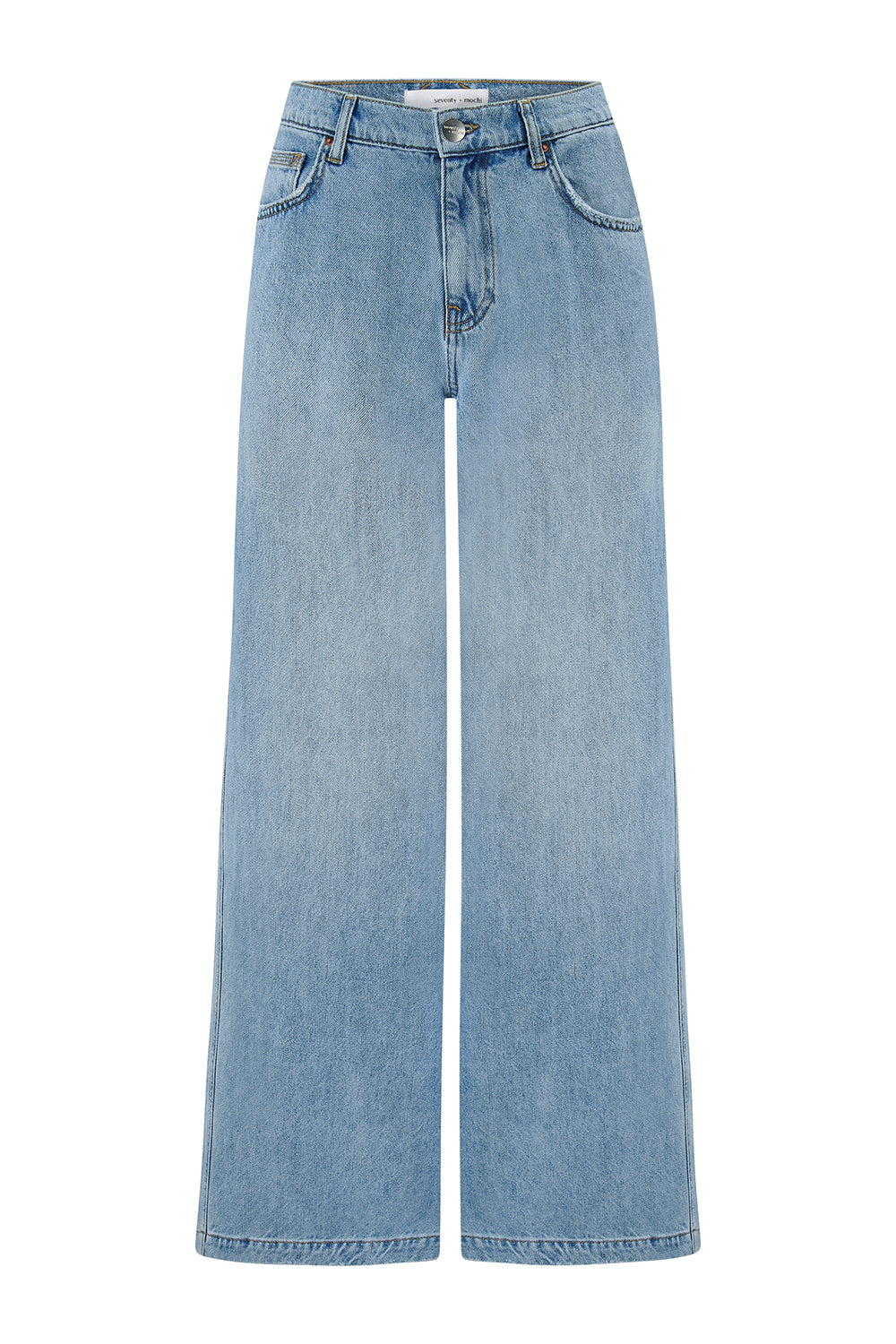high-rise, wide-leg, light wash blue denim jean against a white background