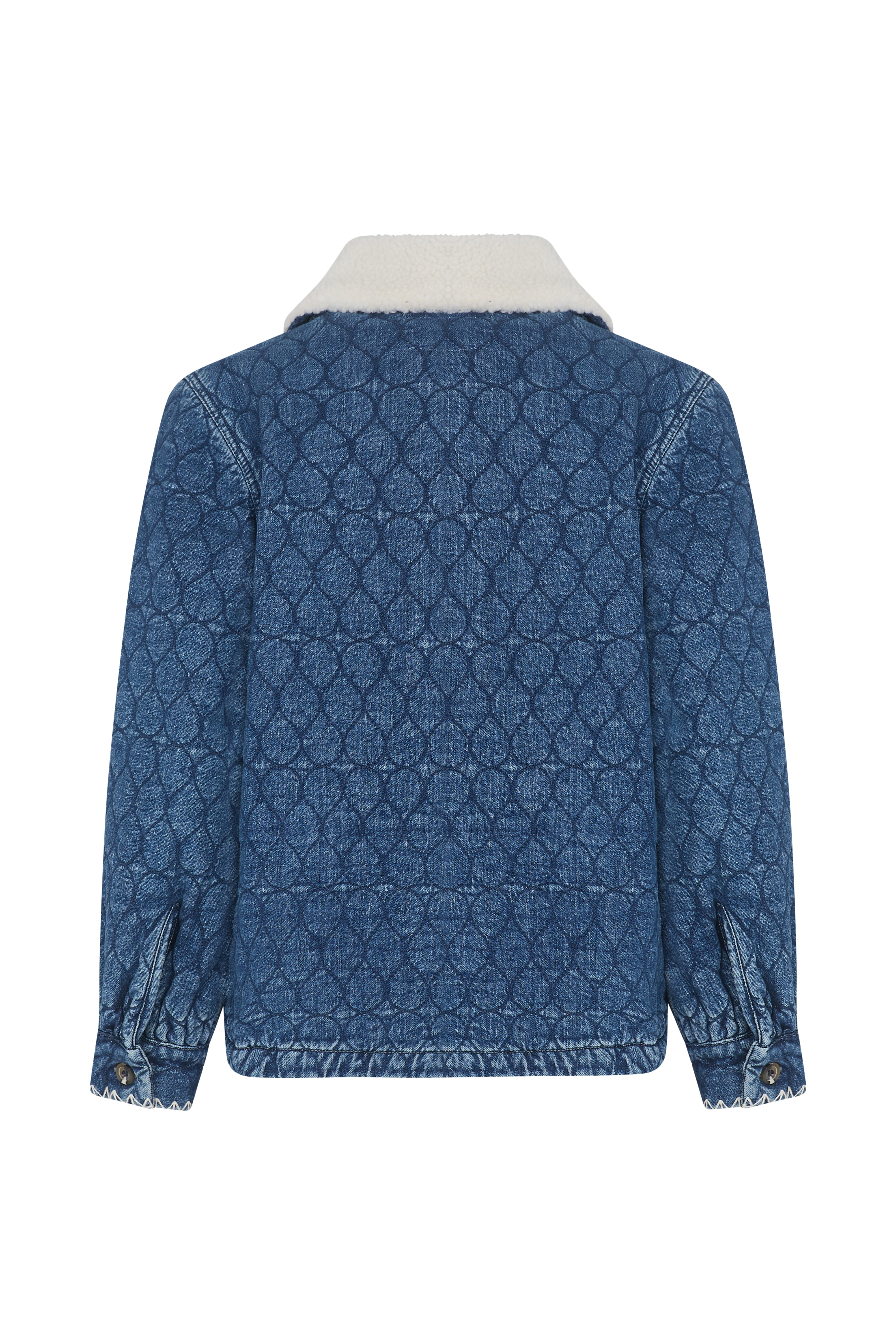 Blue quilted patterned denim jacket with a removable sherpa collar on a white background