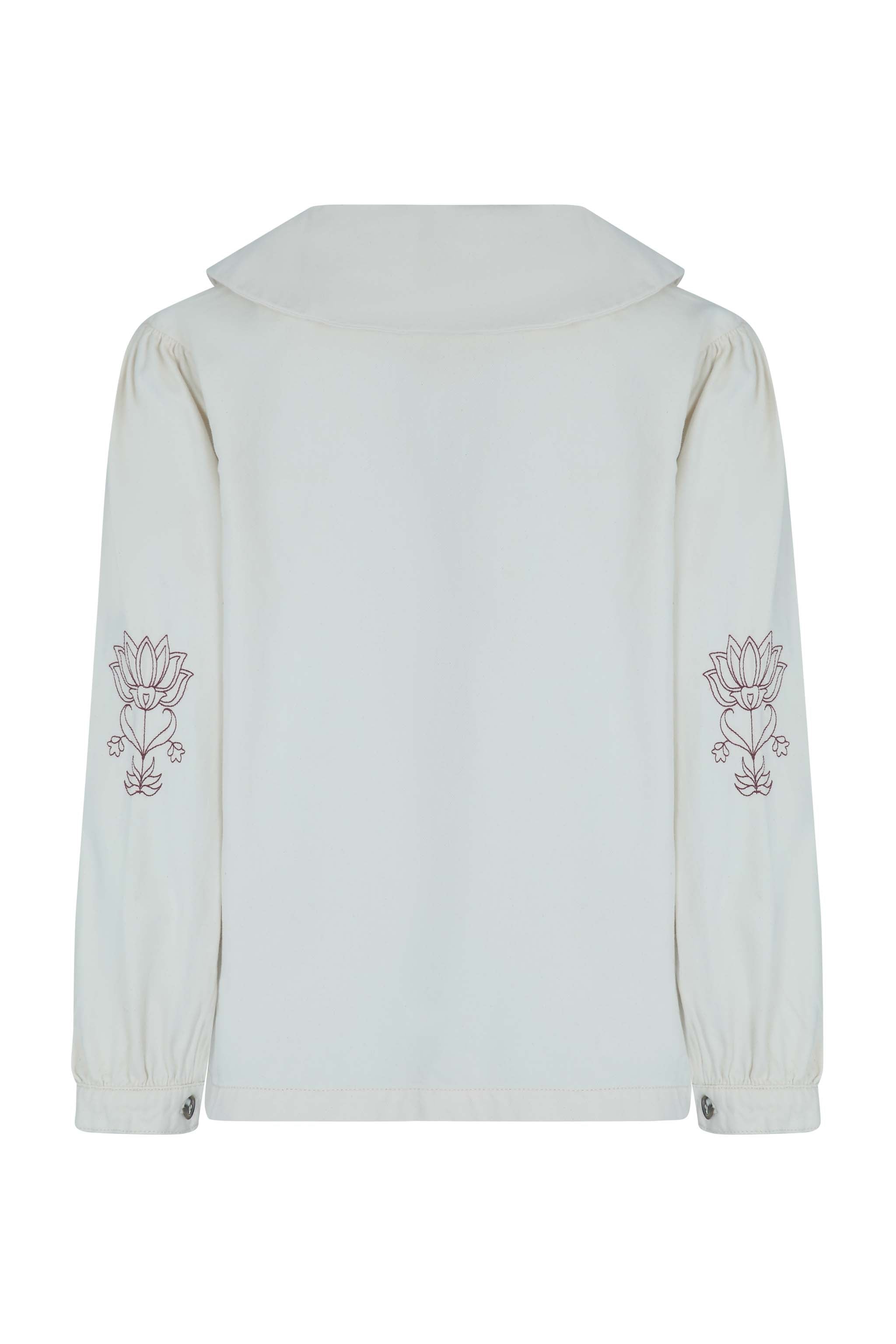 Neve Flower-Embroidered Denim Jacket in Ecru