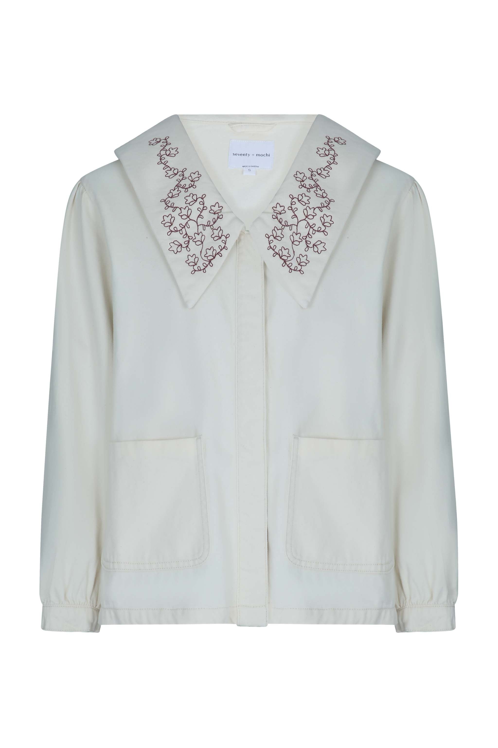 Neve Flower-Embroidered Denim Jacket in Ecru