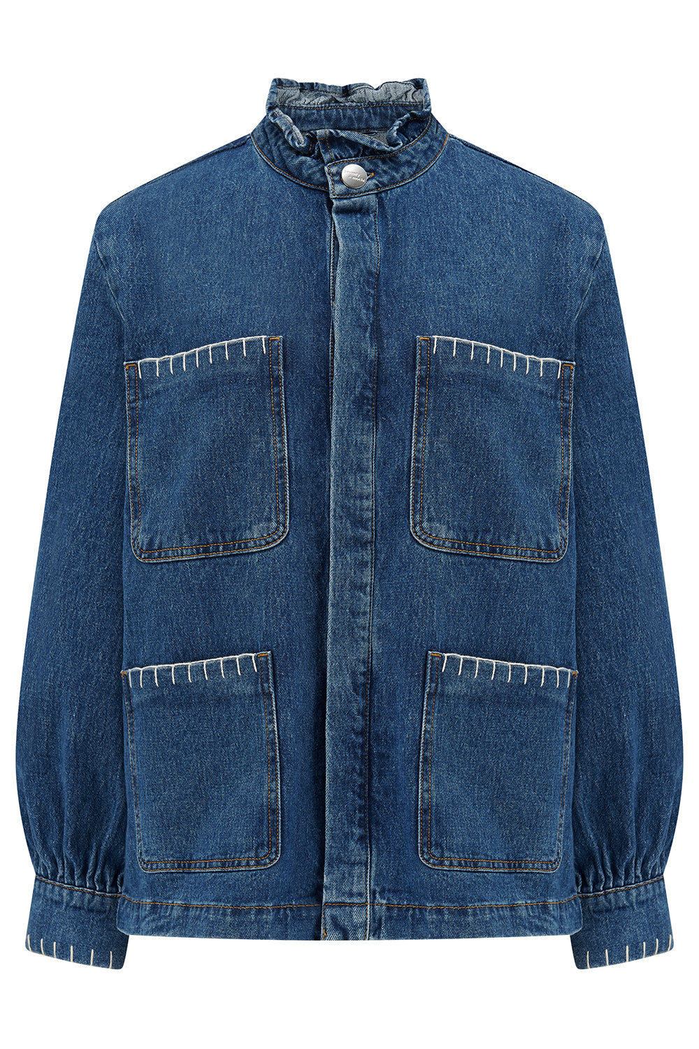 a blue denim jacket with a frill collar, white stitch detailing, button-up front, and four large pockets