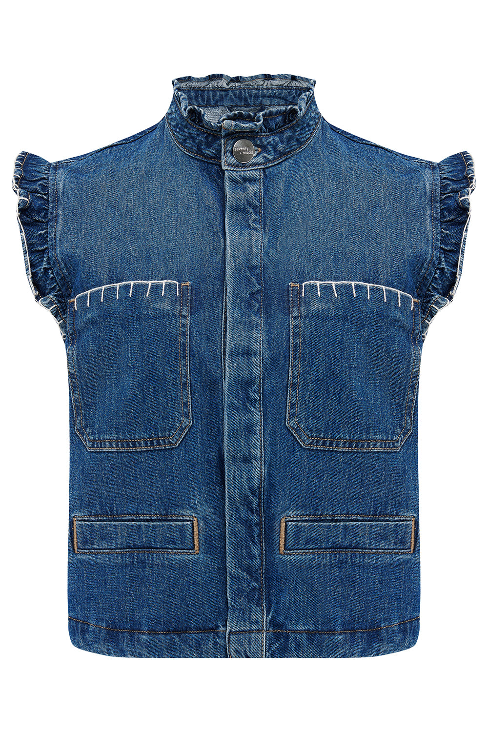 a blue denim vest/ waistcoat with our signature white stitch detailing, two large patch pockets, and a frill collar against a white background