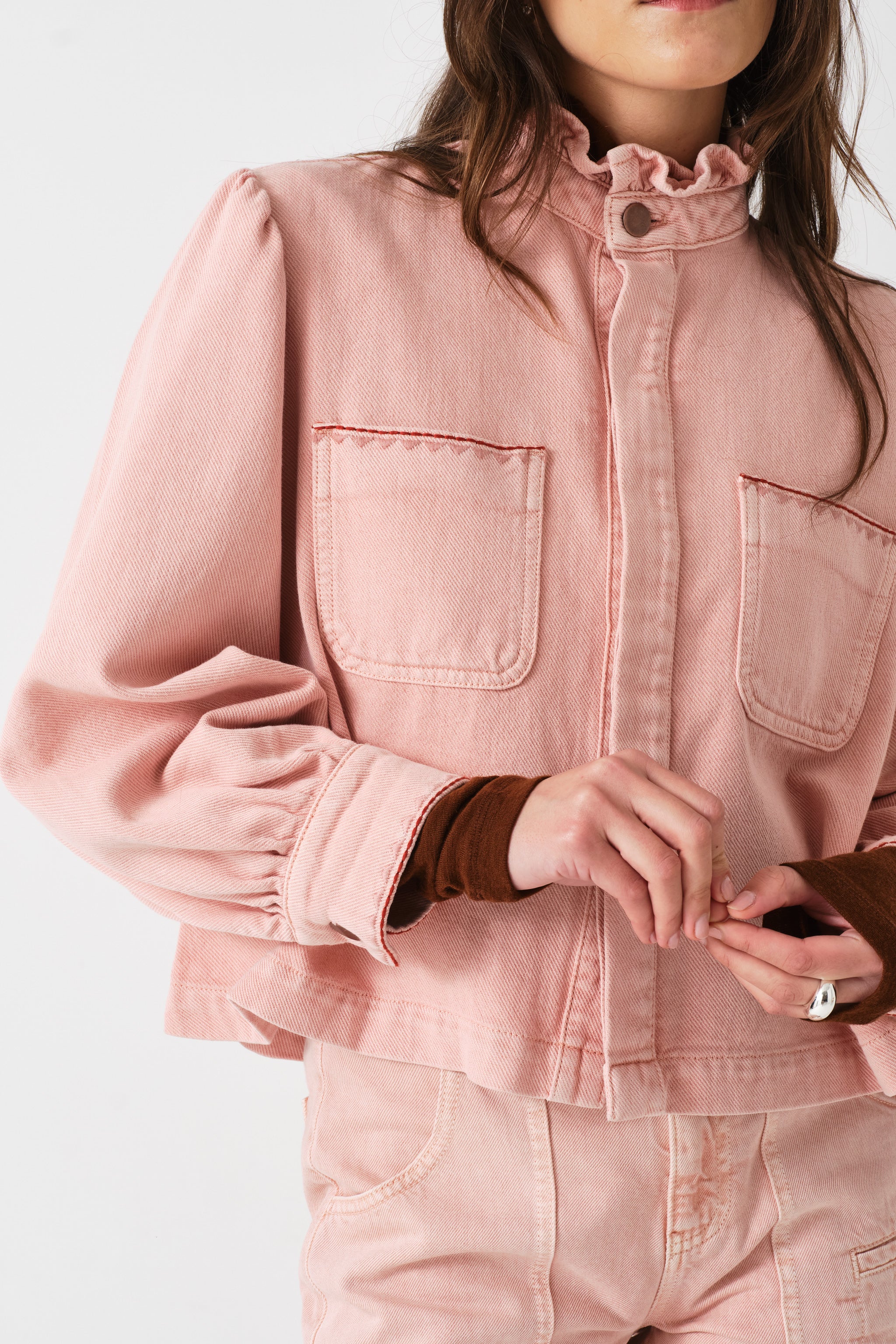 Ziggy Cropped Denim Jacket in Peony Pink